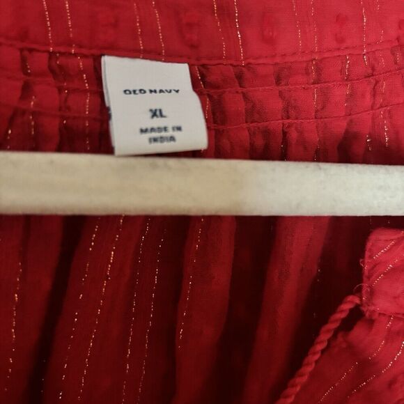 Old Navy Top Womens XL Red Gold Metallic Stripe Flounce Cotton Blend Blouse - Picture 7 of 9